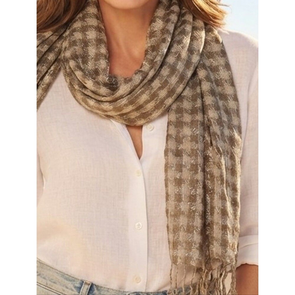 Houndstooth Metallic Shimmer Rectangular Wrap Scarf Brown Gold Fringe Boho
